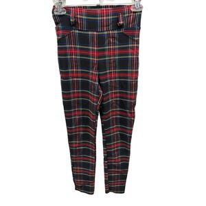 Piazza Italia Women's Plaid Trousers Red Green Tartan Slim High Waist Pant Small